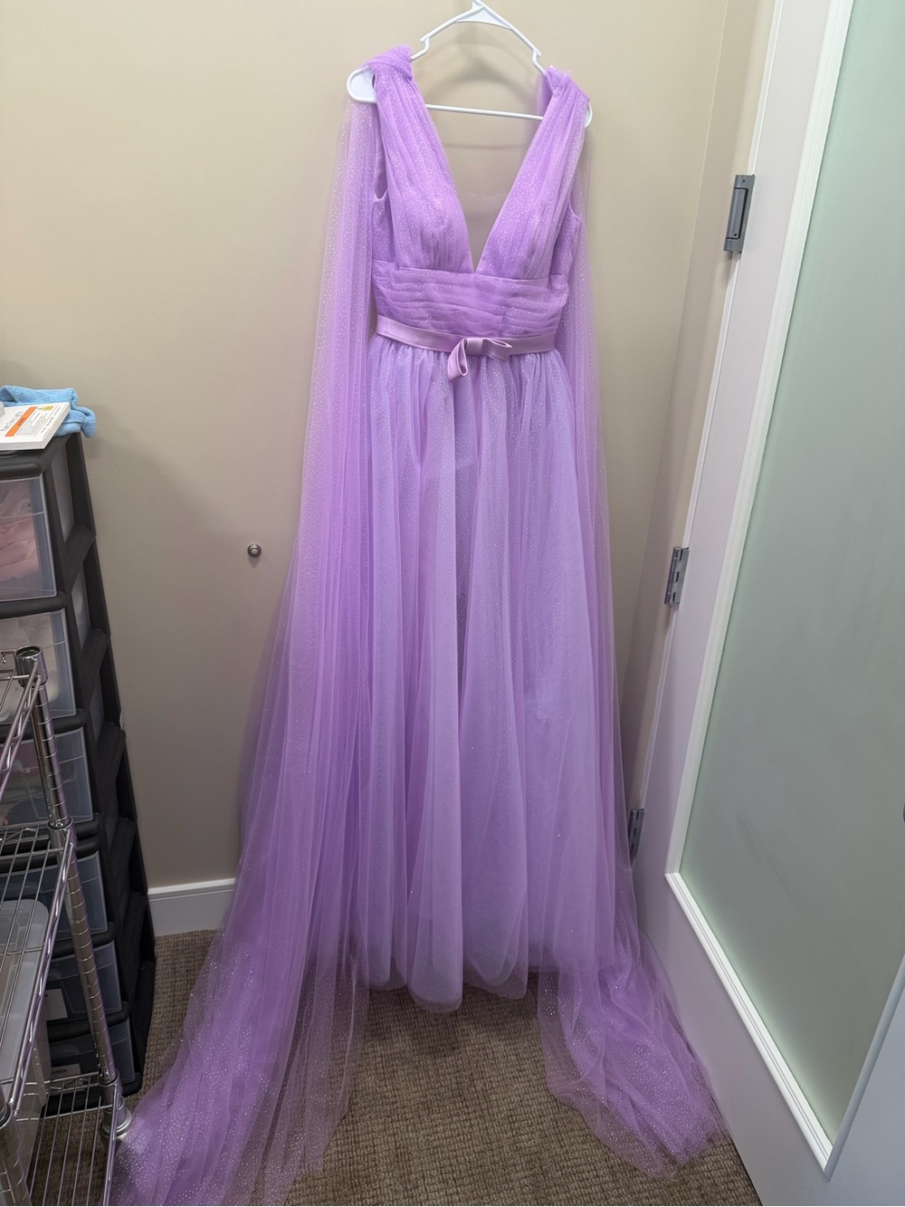 Lilac V-Neck Tulle Prom Gown with Satin Waist Tie